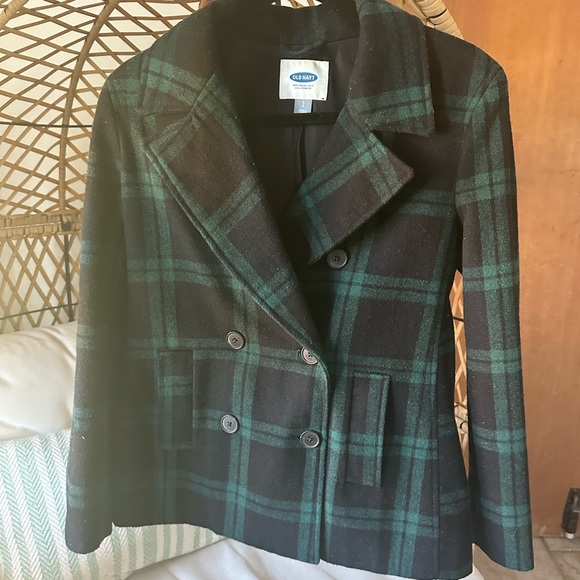 Old Navy Green Black Christmas Plaid Double Breasted 41% Wool Winter Jacket Sz S - Picture 1 of 9